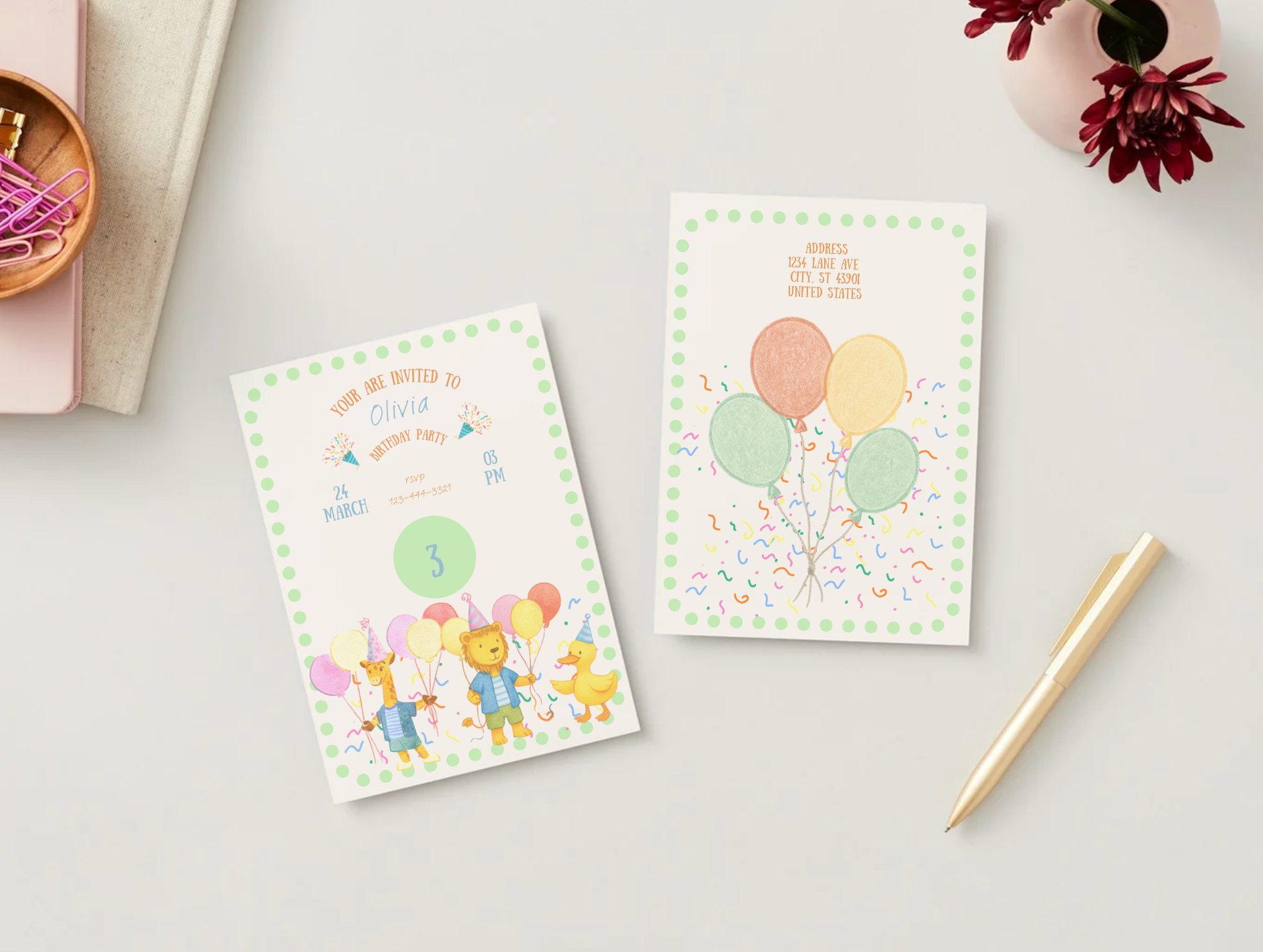 Animal Theme Kids Birthday Party Invitation