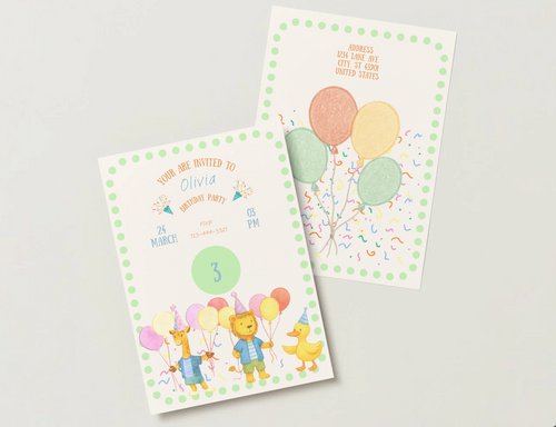 Animal Theme Kids Birthday Party Invitation